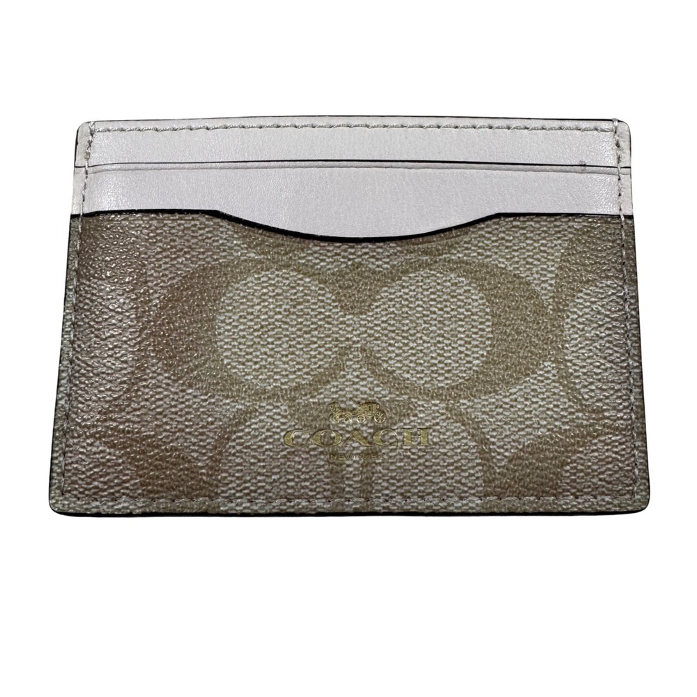 Coach Card Case Womens OS Khaki White Signature Logo Slim Wallet